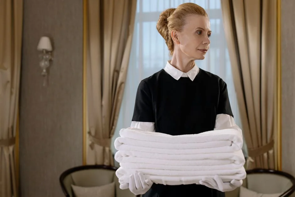 voyage A housekeeper arranging the bed linens in a refined hotel room.